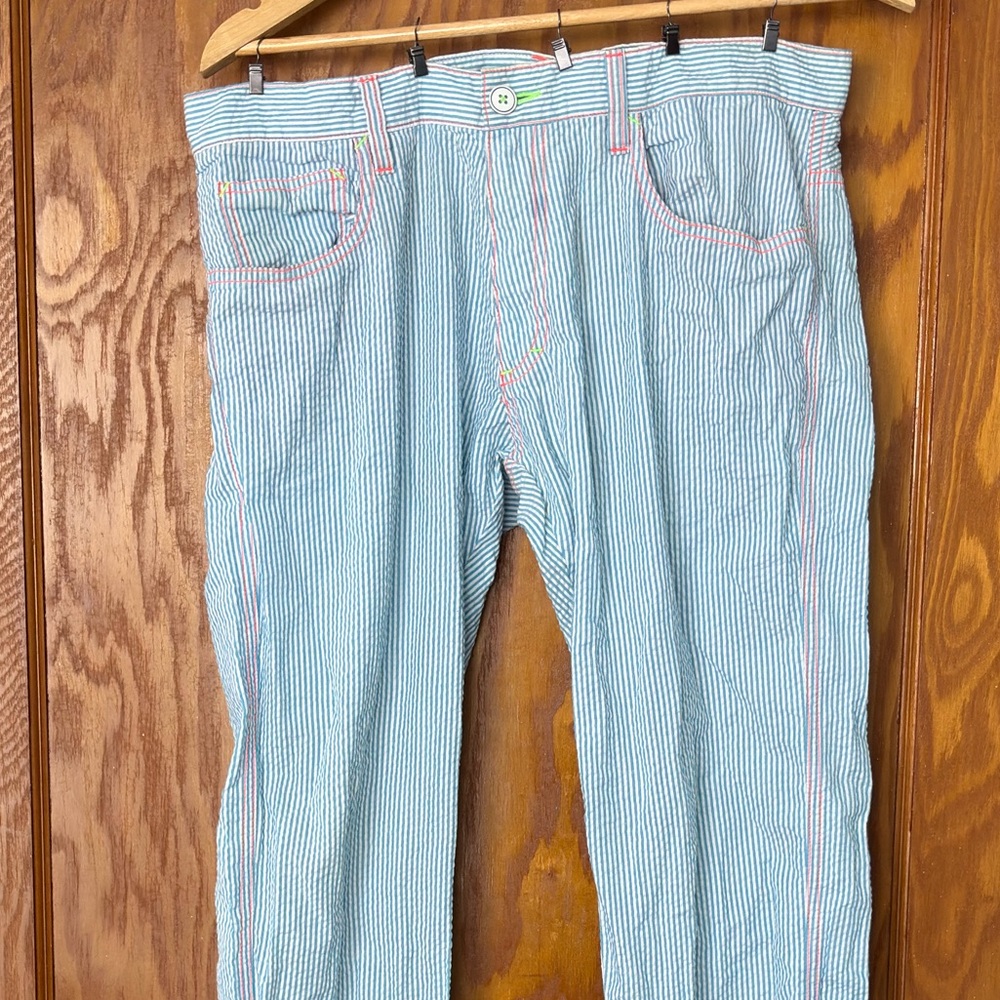 Andrew Christian Blue and White Striped Chinos with Pink Accents